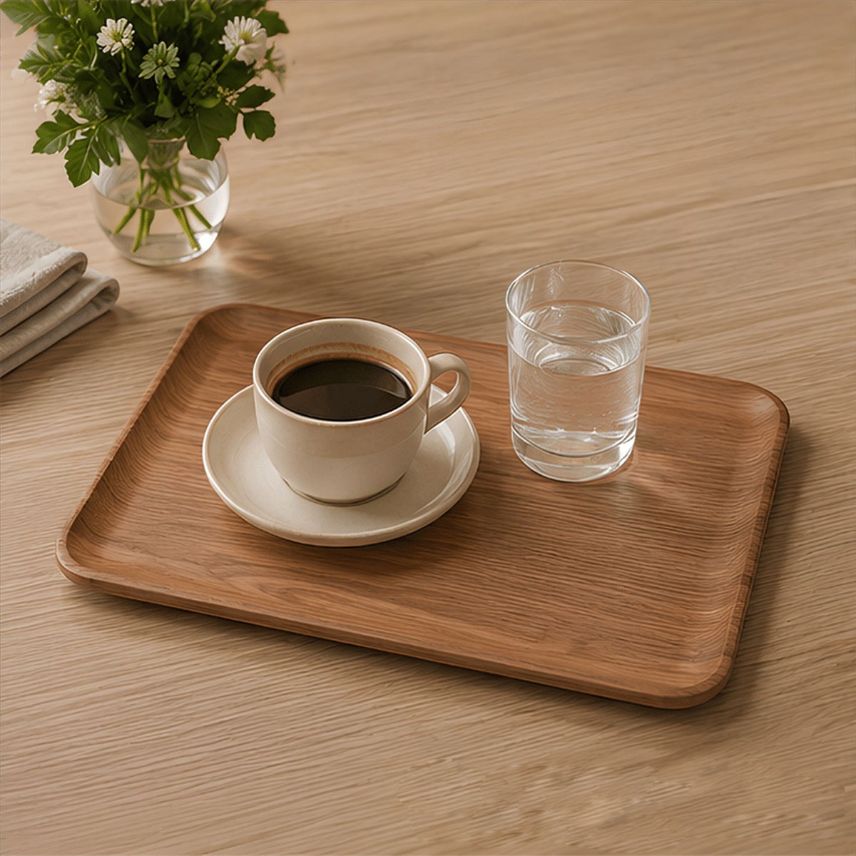 Ahşap masada seramik kahve fincanı ve su bardağı ile minimalist kavisli ahşap sunum tepsisi medium 33x23 cm