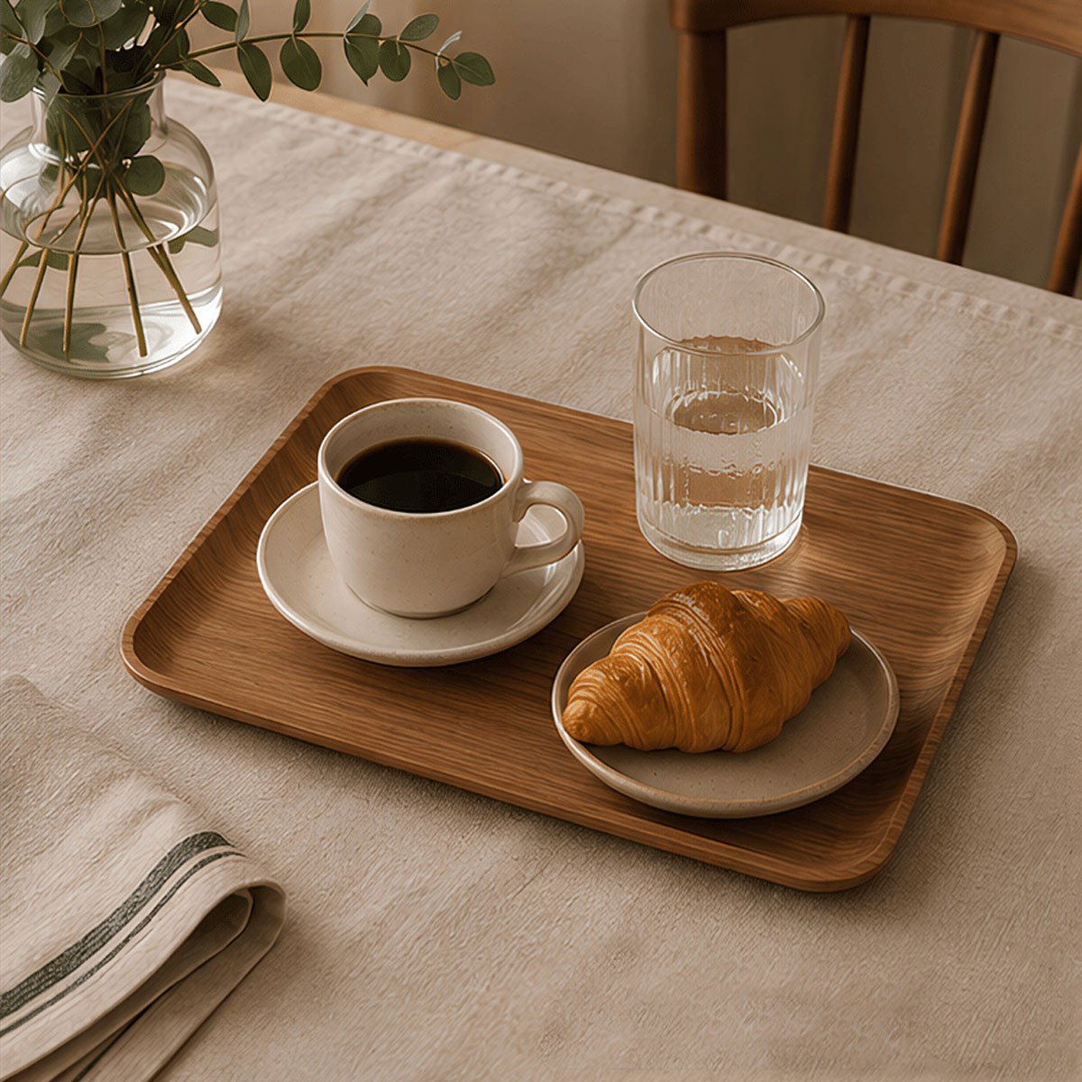 Keten masa örtüsü üzerinde kahve fincanı taze kruvasan ve su bardağı ile minimalist kavisli dikdörtgen ahşap sunum tepsisi small 27x20 cm
