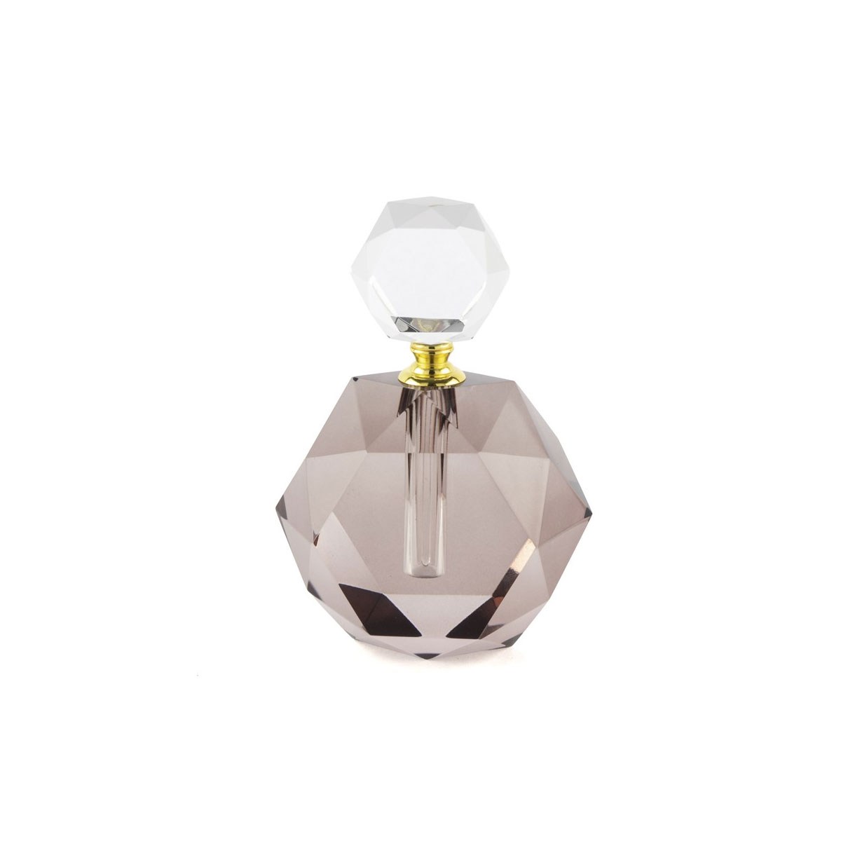 Çamlıca Home fasetli elmas kesim dumanlı mor ametist renkli şeffaf kristal cam gövdeli ve gold detaylı prizmatik kapaklı dekoratif parfüm koku şişesi beyaz zemin ürün çekimi 11x16 cm