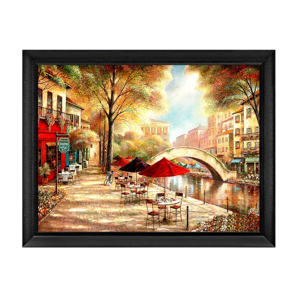 Siyah çerçeveli nehir kenarı kafe ve köprü manzaralı tablo ls-081 - Çamlıca Home