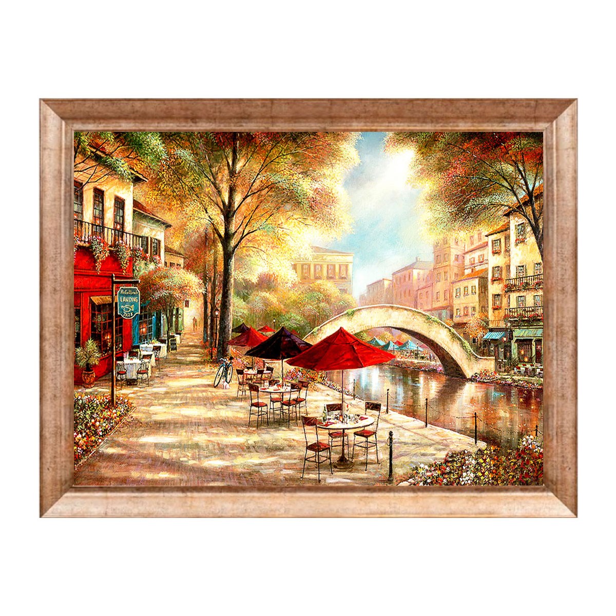 Eskitme çerçeveli nehir kenarı kafe ve köprü manzaralı tablo ls-081 - Çamlıca Home