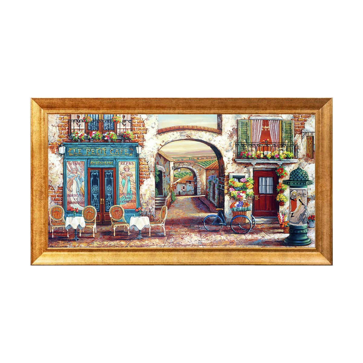 Altın çerçeveli nostaljik Paris sokak kafe manzaralı tablo ex-057 - Çamlıca Home
