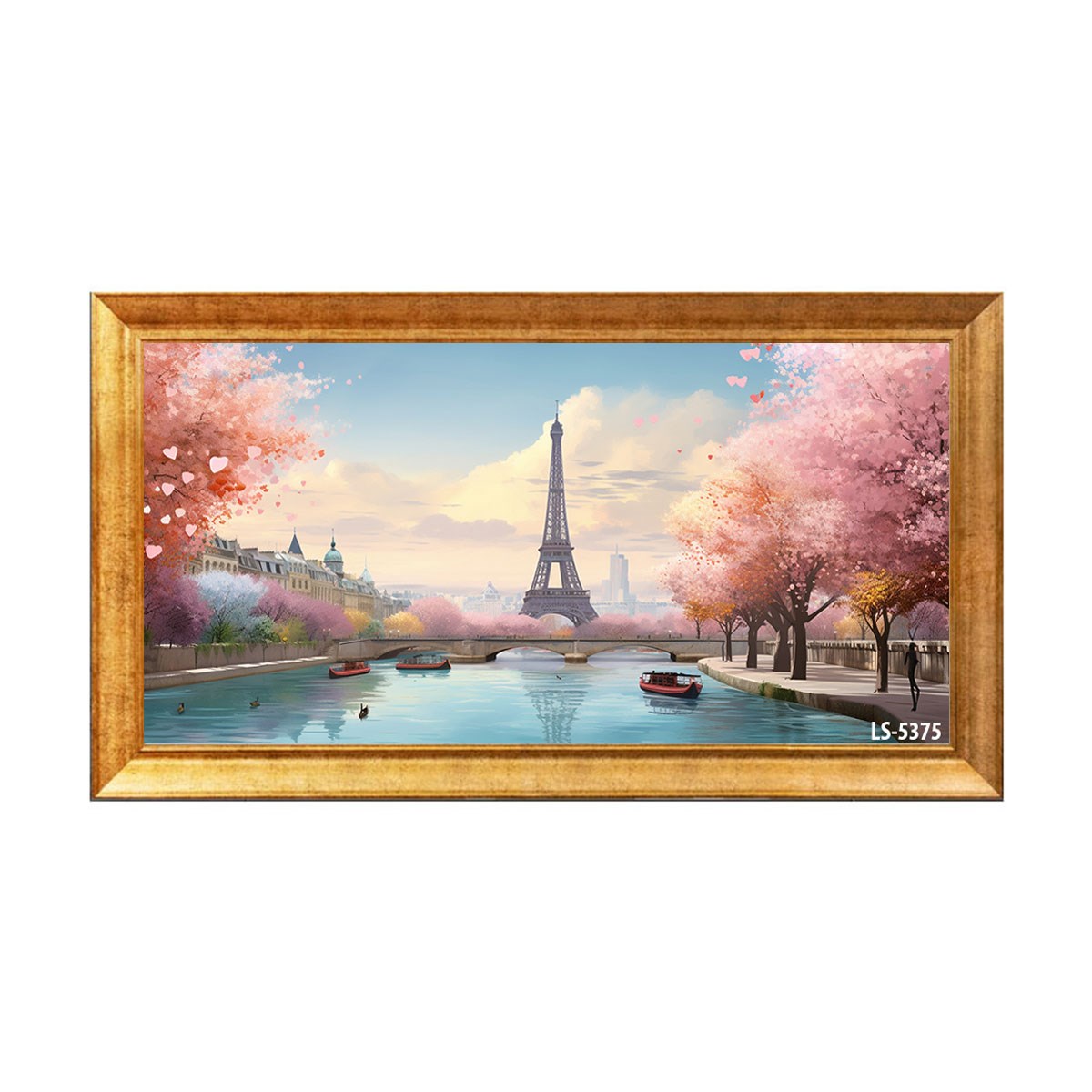 Altın çerçeveli pembe çiçekli Paris Eyfel Kulesi ve nehir manzaralı tablo ls-5375 - Çamlıca Home