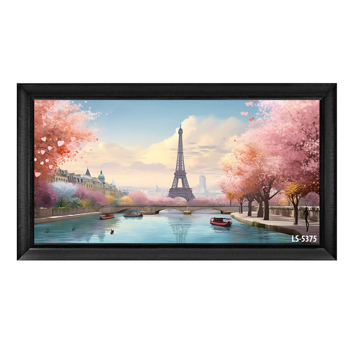 Siyah çerçeveli pembe çiçekli Paris Eyfel Kulesi ve nehir manzaralı tablo ls-5375 - Çamlıca Home