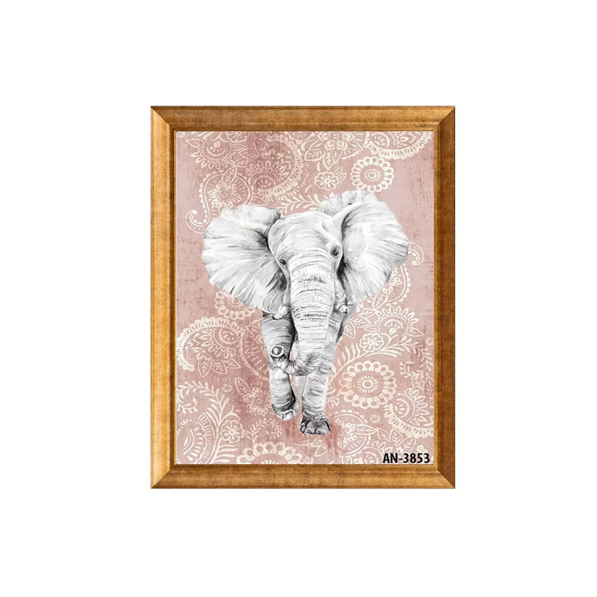 Pastel pembe tonlara ışıltı katan 130 kalıp altın varak çerçeveli fil tablosu an-3853 Çamlıca Home