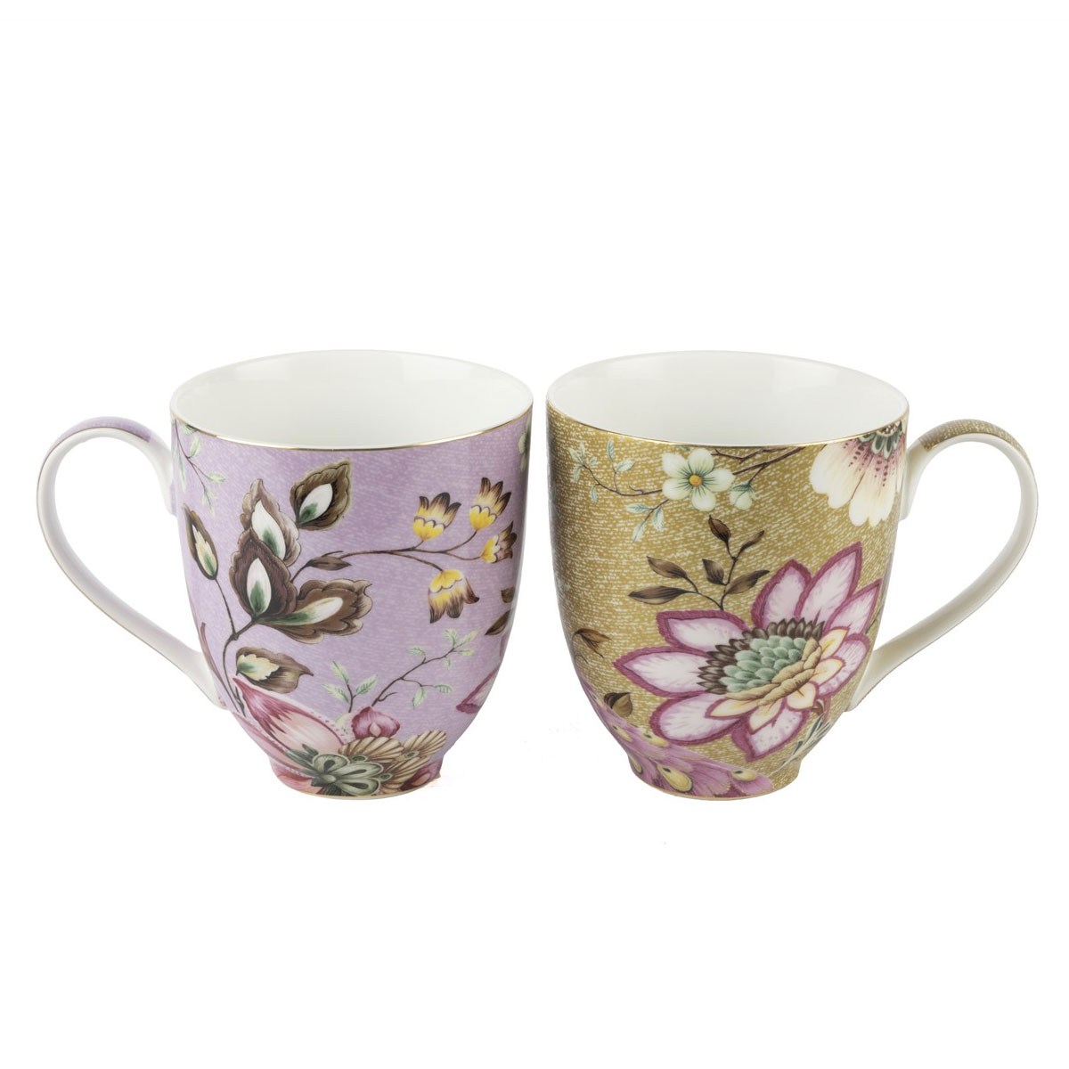 Çamlıca Home Peony serisi vintage botanik şakayık çiçek desenli altın yaldızlı lila ve hardal sarısı 2'li porselen kupa bardak seti beyaz zemin ürün çekimi 350 cc