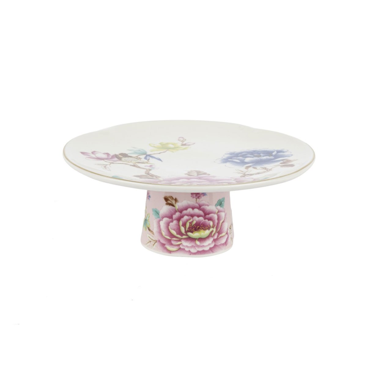 Çamlıca Home Verona şakayık ve kuş desenli mini porselen ayaklı kek standı 16 cm