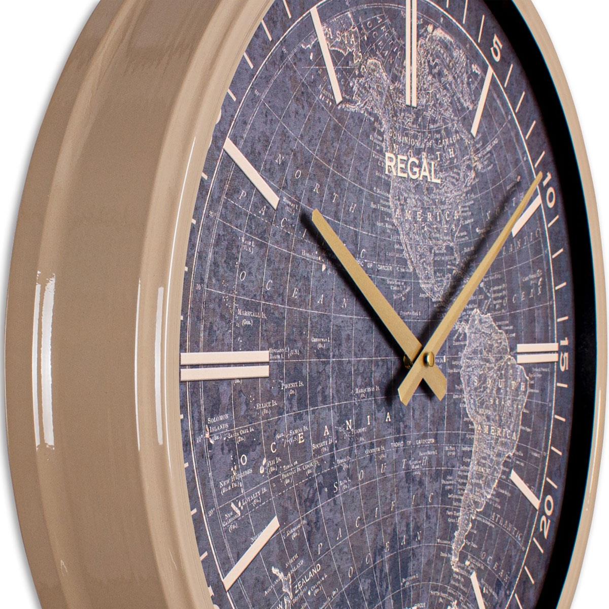 51 cm Regal Dünya Haritalı Vizon Duvar Saati - Eskitme Gold Harita ve Vizon Çerçeve Detaylı Yakın Plan Görünümü