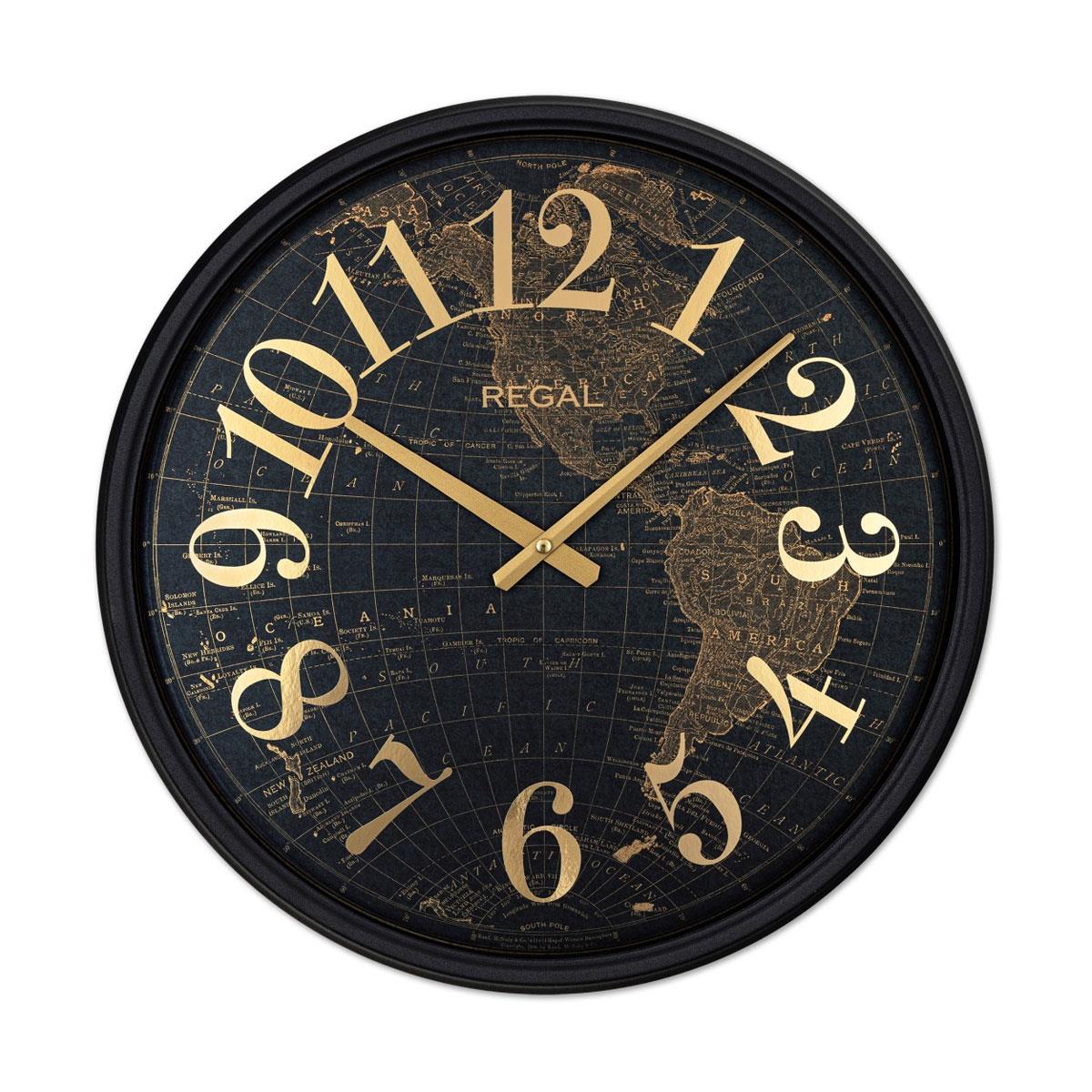 Regal Dünya Haritalı Siyah Metal Duvar Saati 51 cm - Büyük Boy, Eskitme Gold Rakam ve Harita Desenli