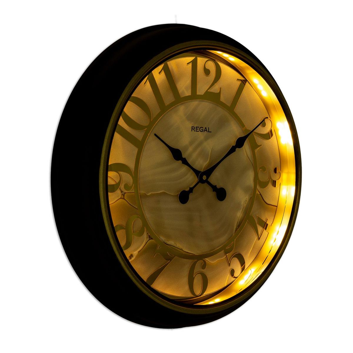 64 cm Regal Işıltılı Sedef Kadran Siyah Duvar Saati - İçten Aydınlatmalı Gece Görünümü ve Gold Detaylar