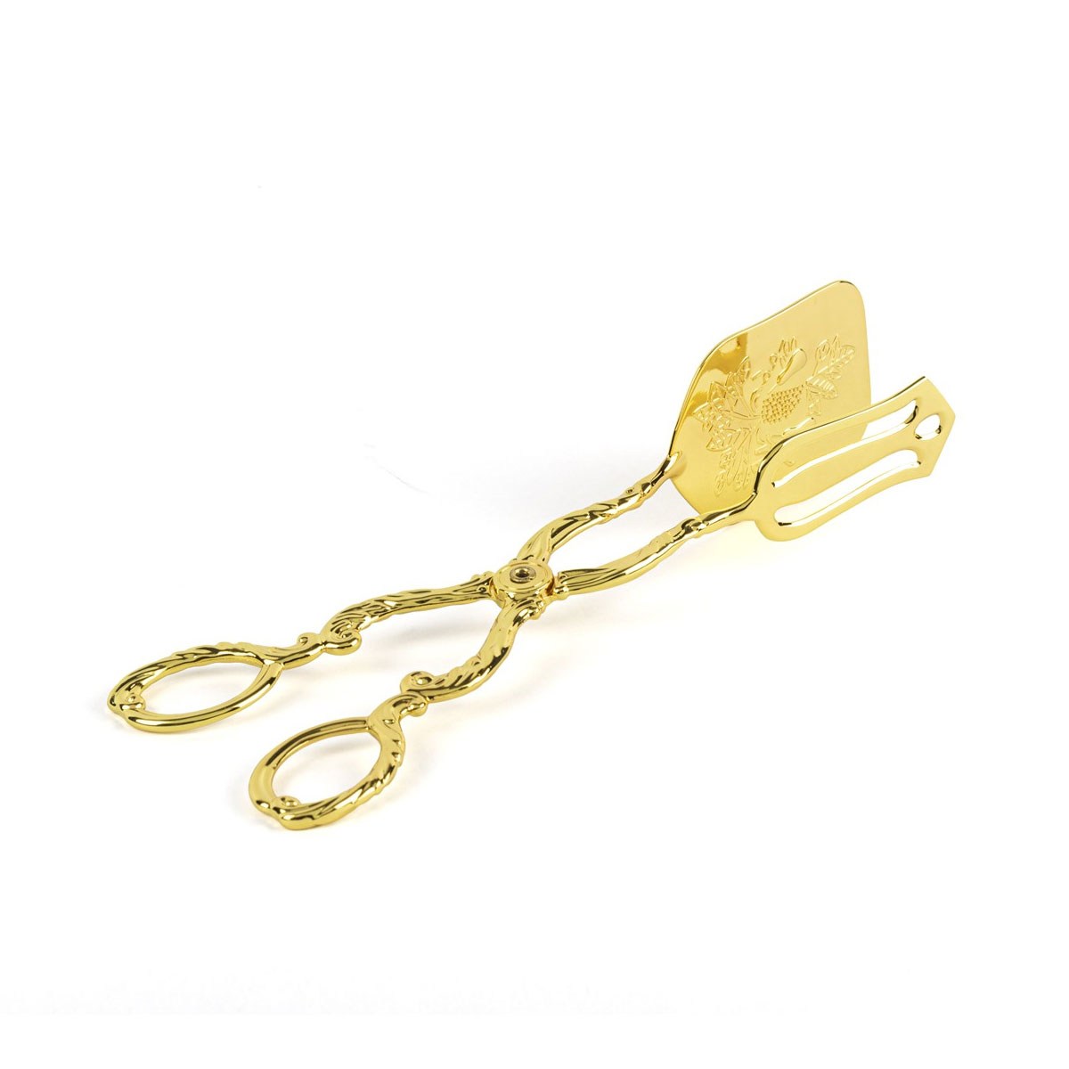 Çamlıca Home Rönesans serisi barok oymalı makas kulplu bitkisel kabartma gravürlü parlak altın sarısı gold metal lazanya börek ve pasta servis maşası beyaz zemin ürün çekimi 21 cm