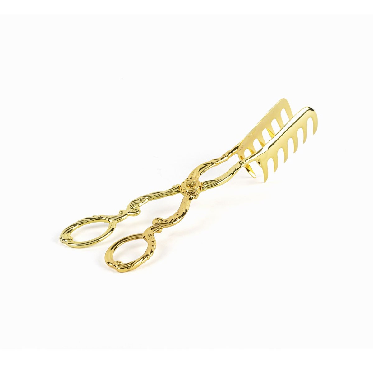 Çamlıca Home Rönesans serisi barok kabartma oymalı makas kulplu karşılıklı taraklı dişli parlak altın sarısı gold metal makarna spagetti ve salata servis maşası beyaz zemin ürün çekimi 21 cm