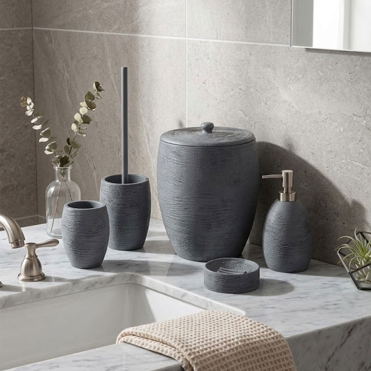 Çamlıca Home Root 5 Parça Gri Banyo Aksesuar Seti Doğal Taş Mermer Tezgah Konsept Görseli