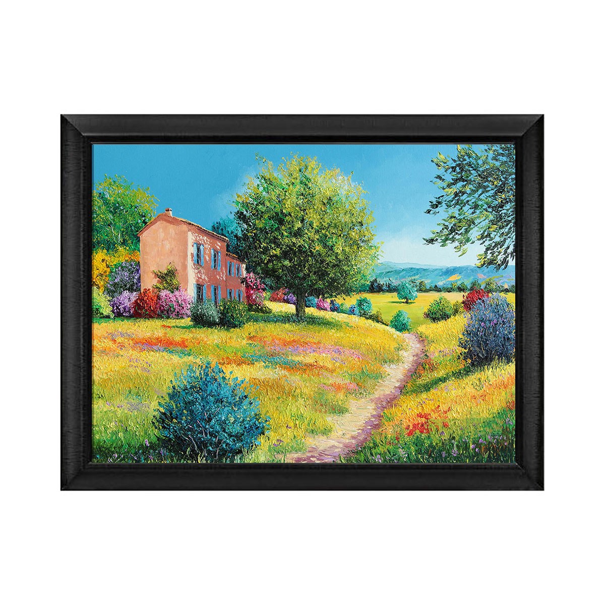 Açık bej duvarlarda pastoral kontrast oluşturan modern siyah çerçeveli kır tablosu ls-1958 Çamlıca Home