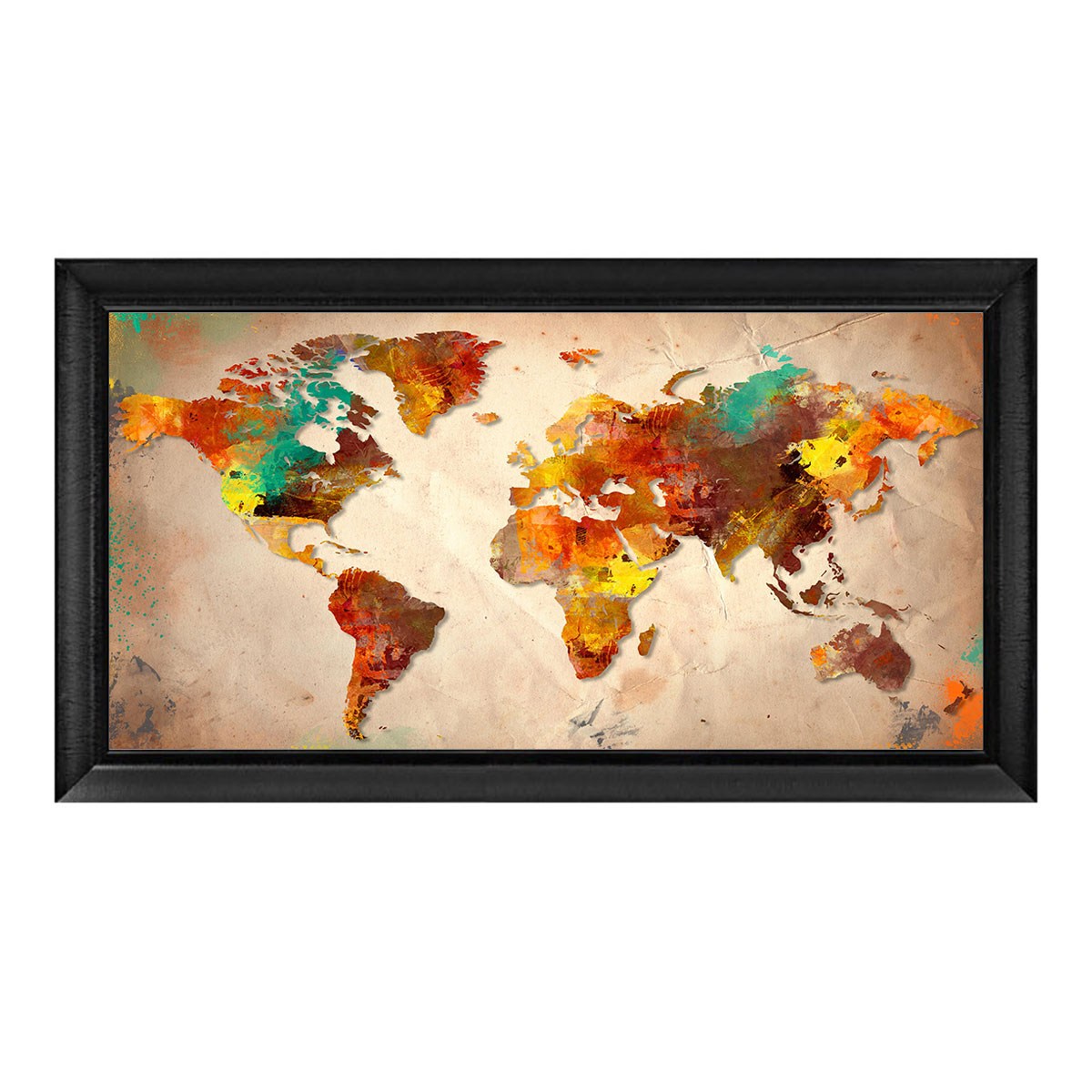 Renkli kıta figürlerine netlik kazandıran mat siyah profilli 60x120 cm harita tablosu gn-2329 Çamlıca Home