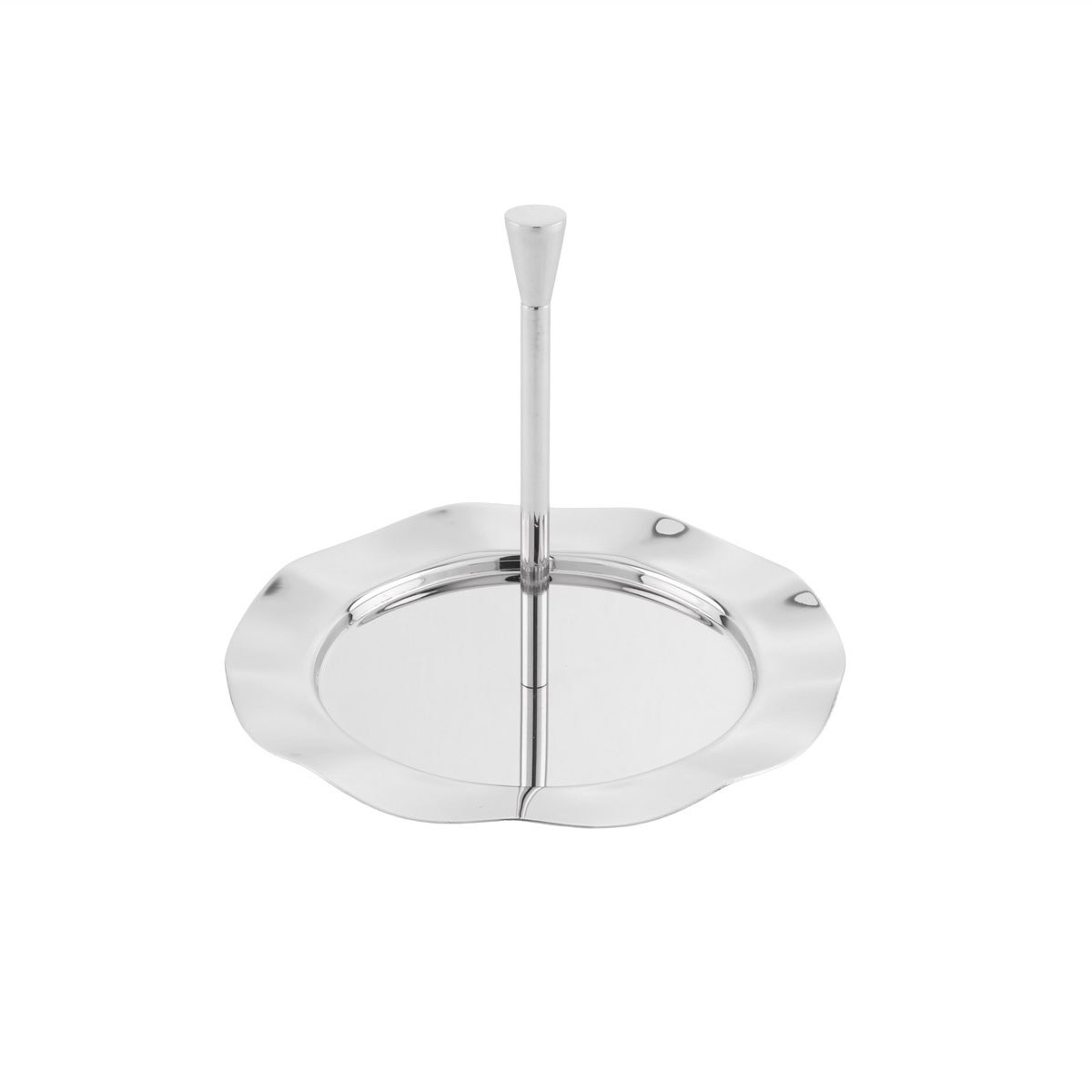 Çamlıca Home parlak gümüş krom kaplama dalgalı fırfır kenarlı minimalist dikey taşıma kulplu tek katlı metal lokumluk çikolata ve kurabiye sunumluğu beyaz zemin ürün çekimi 17x15 cm