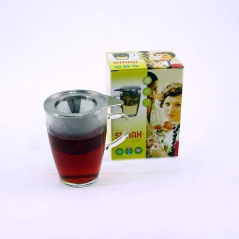 Simax 179 Çelik Süzgeçli Cam Kupa 350 ml, Kutu Ambalajı ve İçinde Bitki Çayı Demlenmiş Hali
