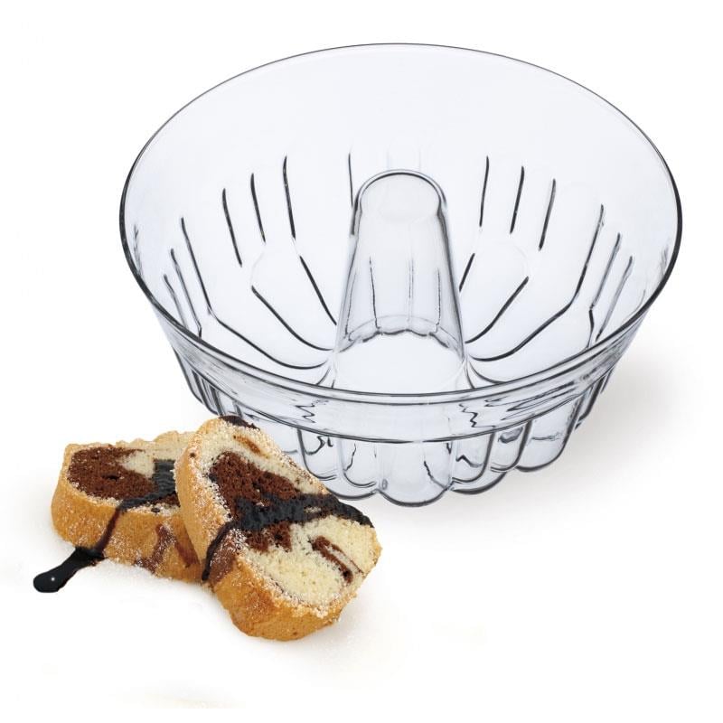 21 cm Simax cam kek kalıbı ve kalıptan kolayca çıkan, dilimlenmiş mermer kek (marble cake) parçası.