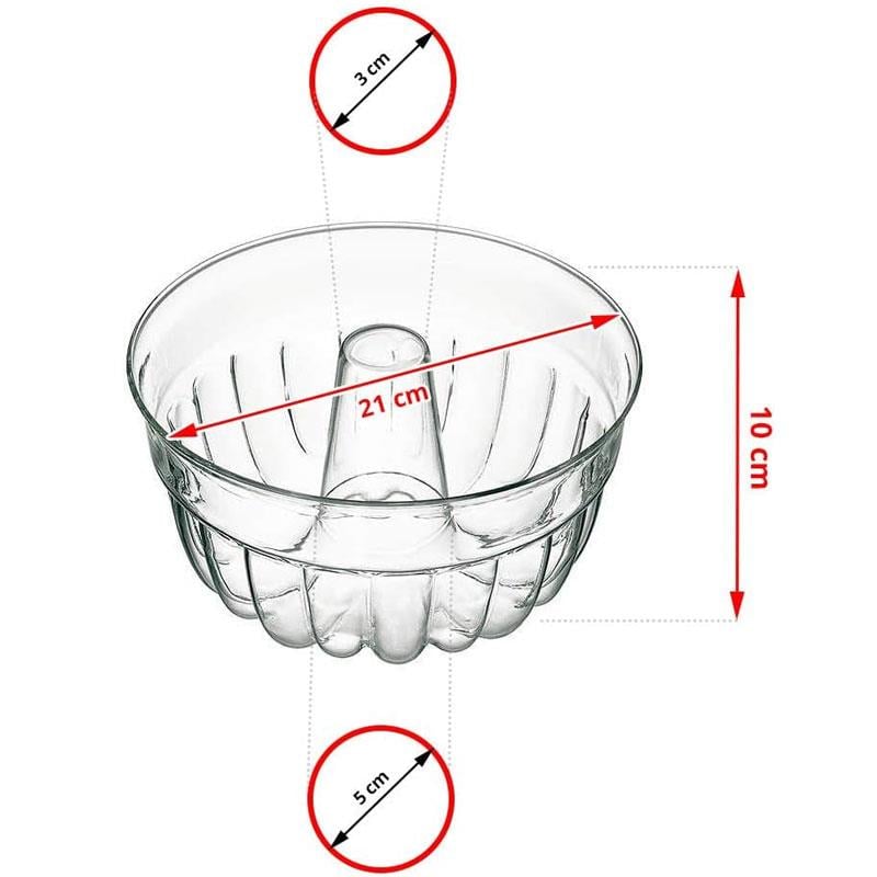 Simax 5031 borosilikat cam kek kalıbının 21 cm çap ve 10 cm yükseklik ölçülerini gösteren teknik görsel.