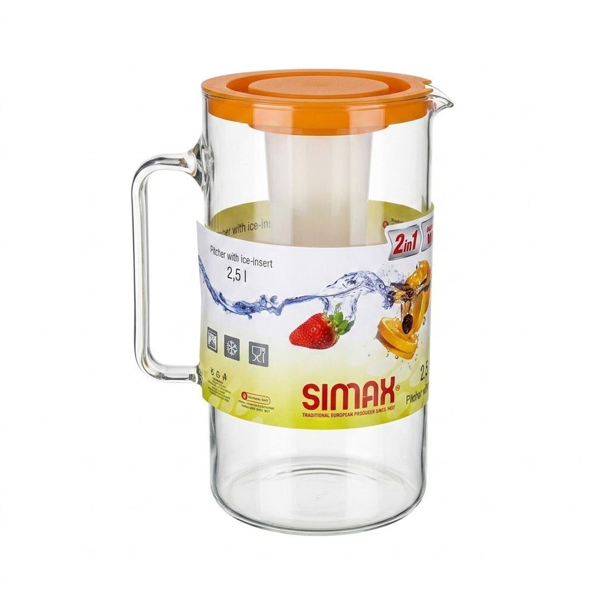 Simax borosilikat buz hazneli cam sürahi 2.5 lt turuncu kapaklı