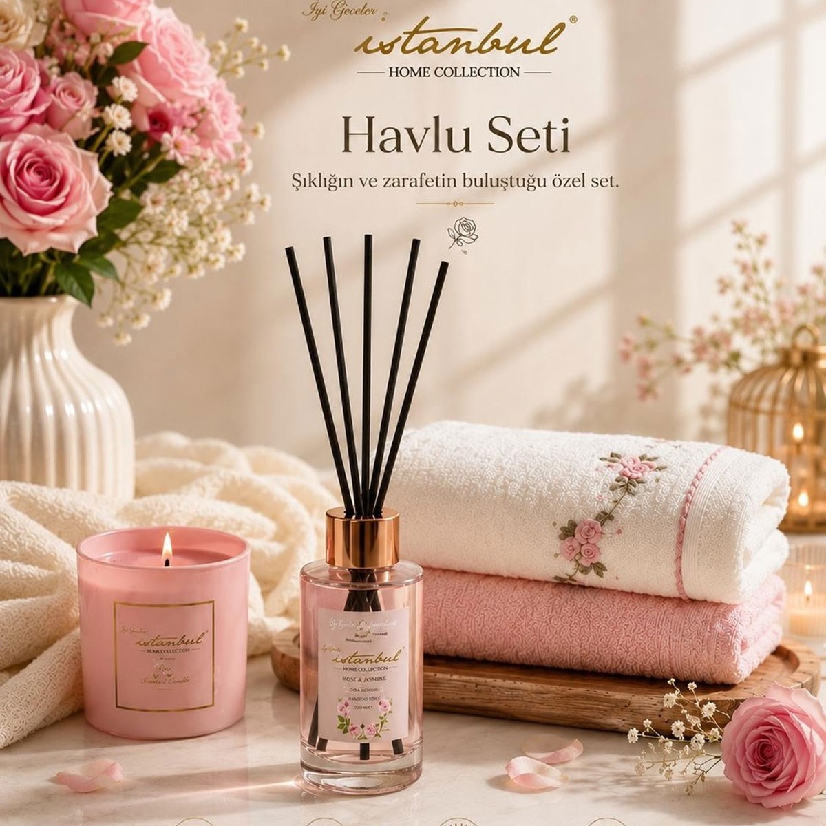 Sweet Dreams Selection Oda Kokulu ve Mumlu 2'li Havlu Seti - Rose - İyi Geceler İstanbul