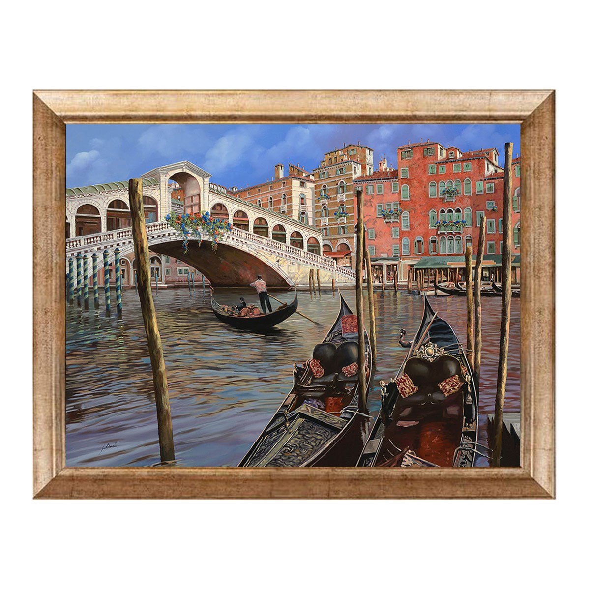Eskitme çerçeveli tarihi Rialto köprüsü ve Venedik gondolları manzaralı tablo ls-1853o - Çamlıca Home