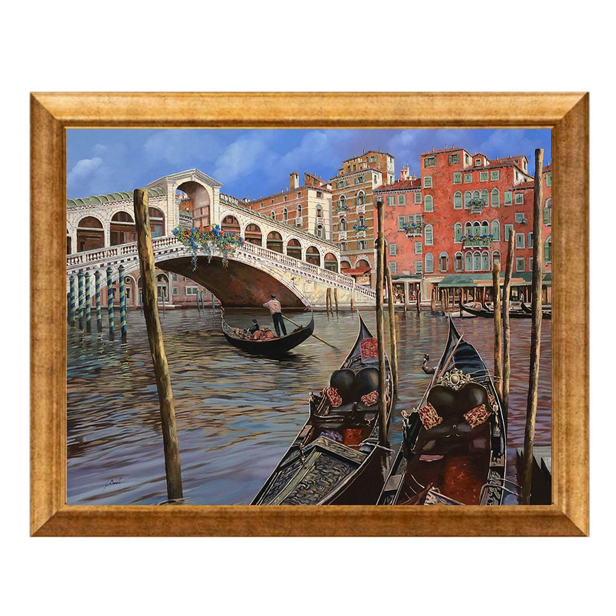 Altın çerçeveli tarihi Rialto köprüsü ve Venedik gondolları manzaralı tablo ls-1853 - Çamlıca Home