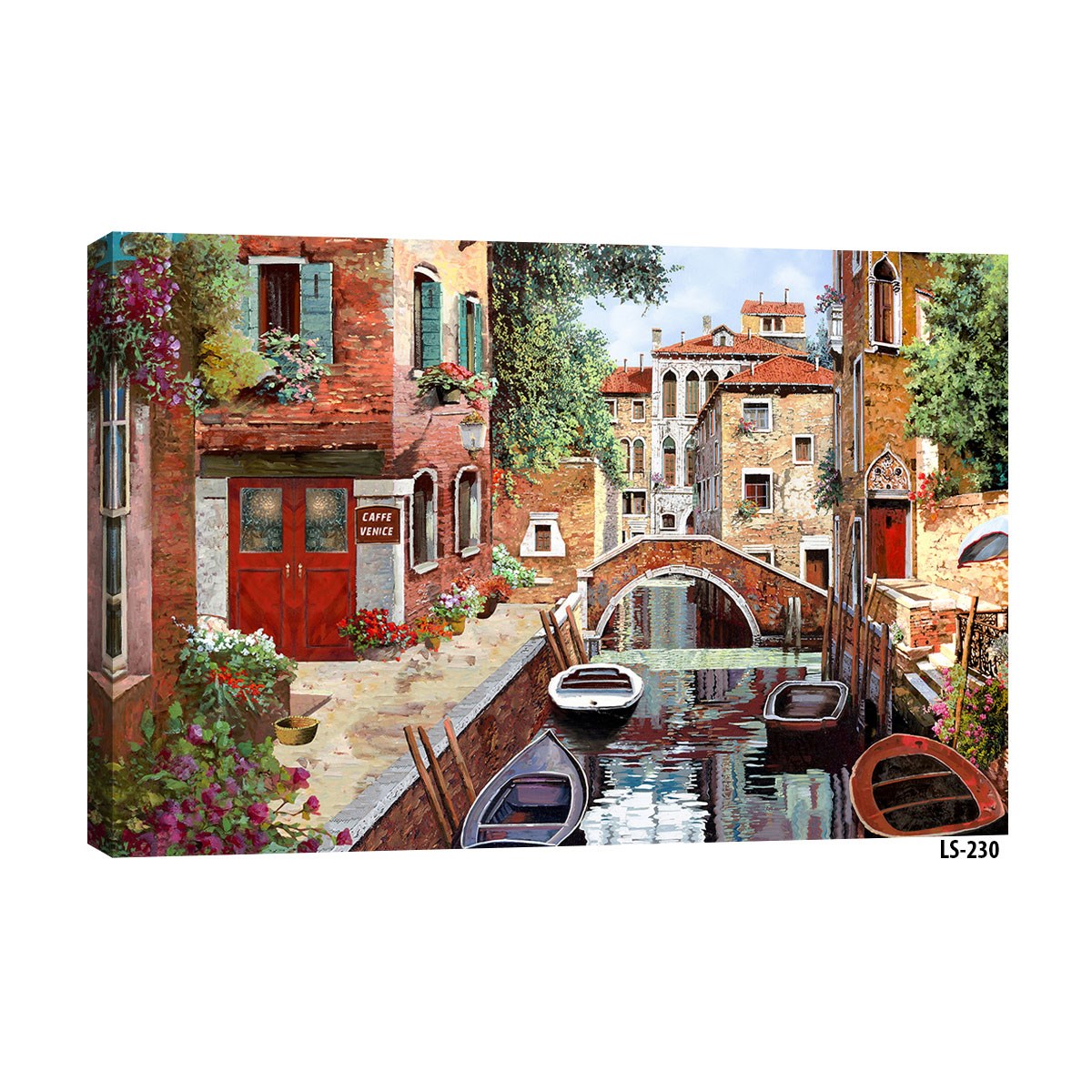 Venedik su kanalı kenarında kırmızı kapılı Caffe Venice taş köprü ve sandallar tablosu ls-230 - Çamlıca Home