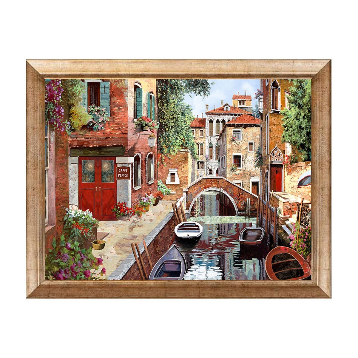 Eskitme çerçeveli Venedik kafe taş köprü ve kanal manzaralı tablo ls-230 - Çamlıca Home