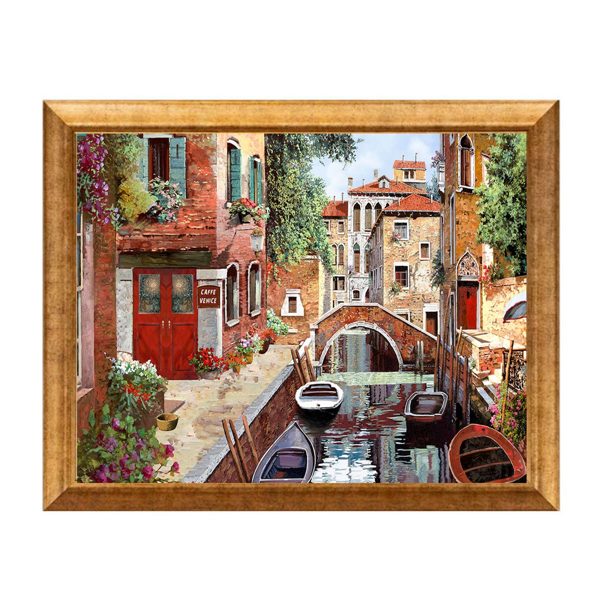 Altın çerçeveli Venedik kafe taş köprü ve kanal manzaralı tablo ls-230 - Çamlıca Home