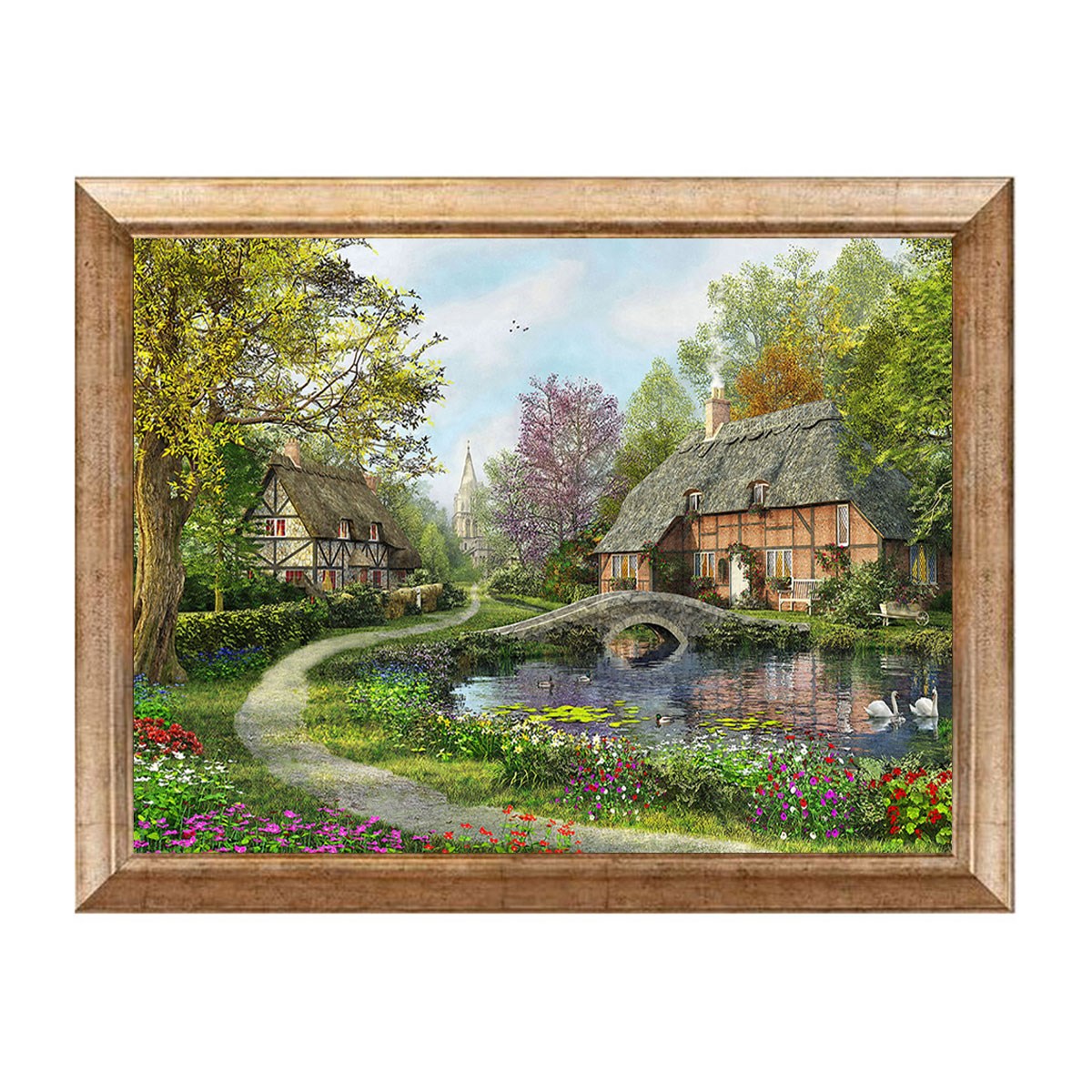 Eskitme çerçeveli taş köprülü köy evi ve gölet manzaralı tablo ls-1846 - Çamlıca Home