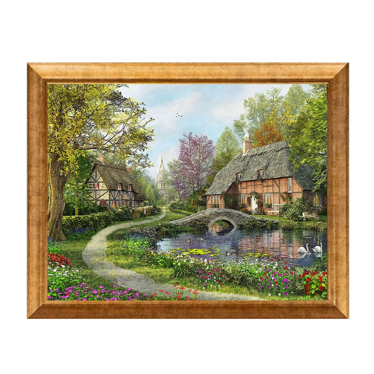 Altın çerçeveli taş köprülü köy evi ve gölet manzaralı tablo ls-1846 - Çamlıca Home