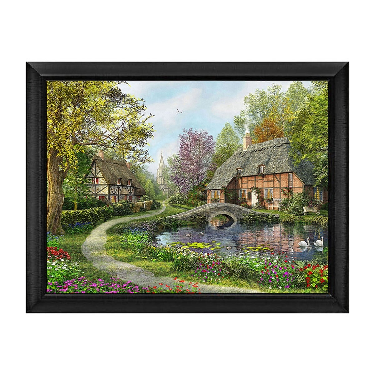 Siyah çerçeveli taş köprülü köy evi ve gölet manzaralı tablo ls-1846 - Çamlıca Home
