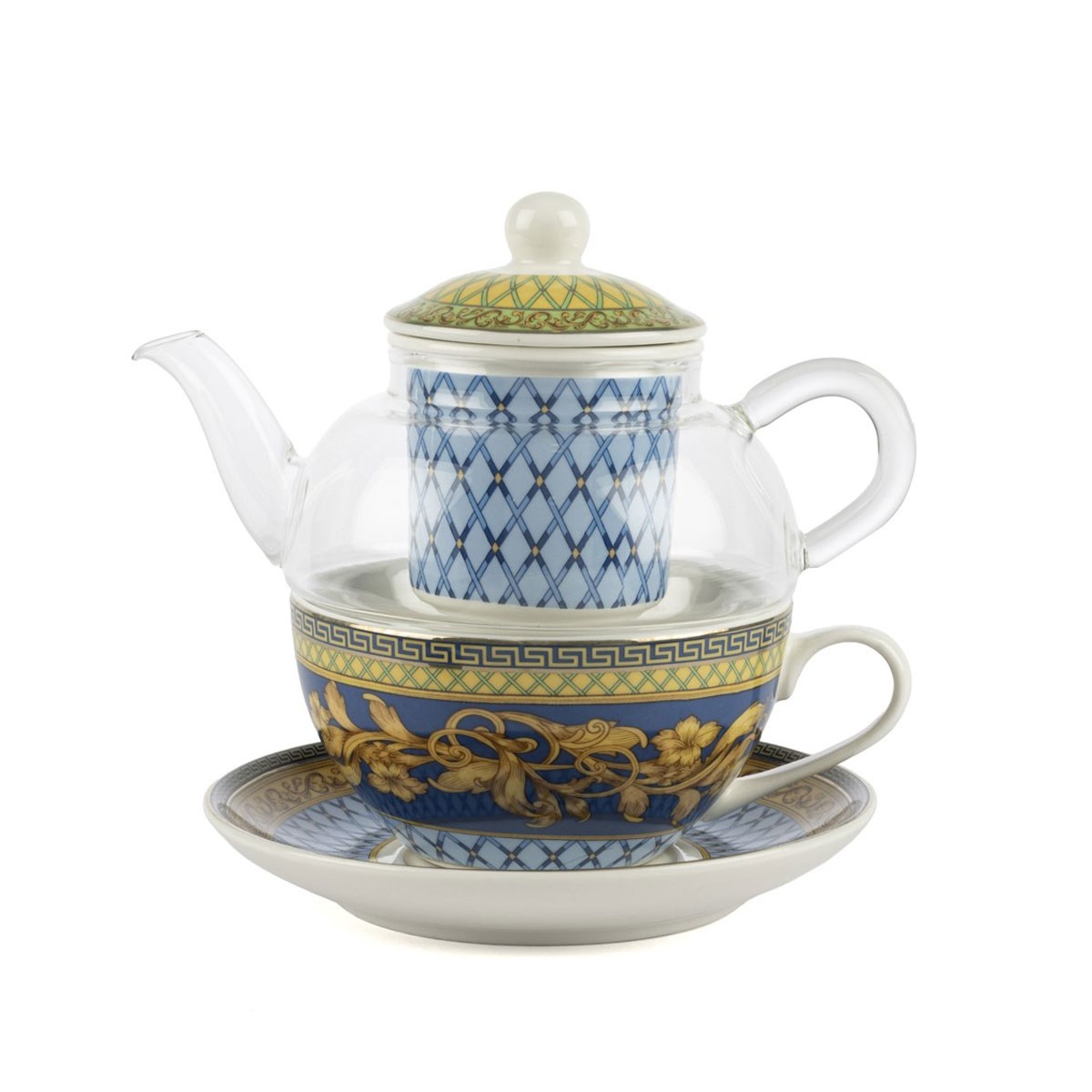 Çamlıca Home Blue Baroque kobalt mavi altın yaldızlı tek kişilik demlikli fincan