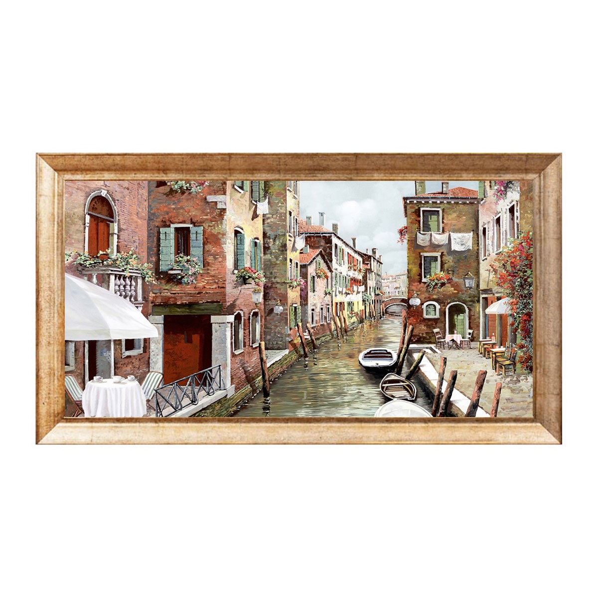 Eskitme çerçeveli Venedik kanalı ve tarihi sokak kafesi manzaralı tablo ls-008 - Çamlıca Home