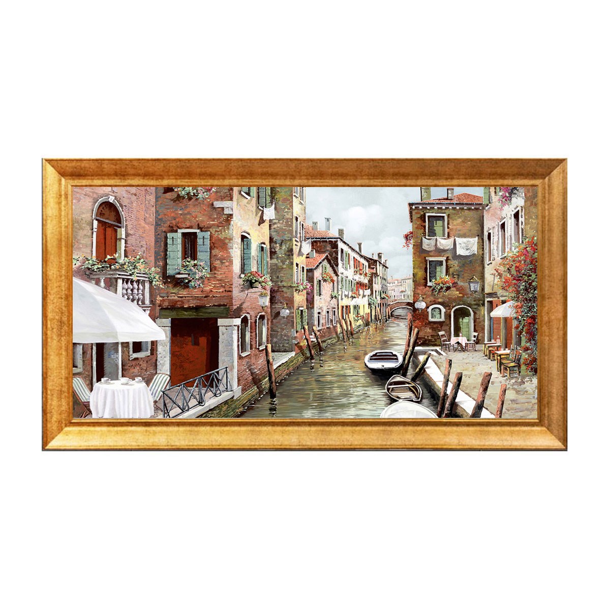 Altın çerçeveli Venedik kanalı ve tarihi sokak kafesi manzaralı tablo ls-008 - Çamlıca Home