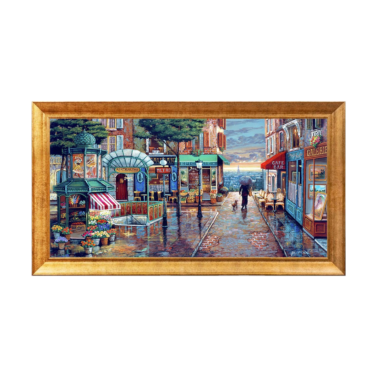Altın çerçeveli yağmurlu Paris Montmartre sokakları manzaralı tablo ex-058 - Çamlıca Home