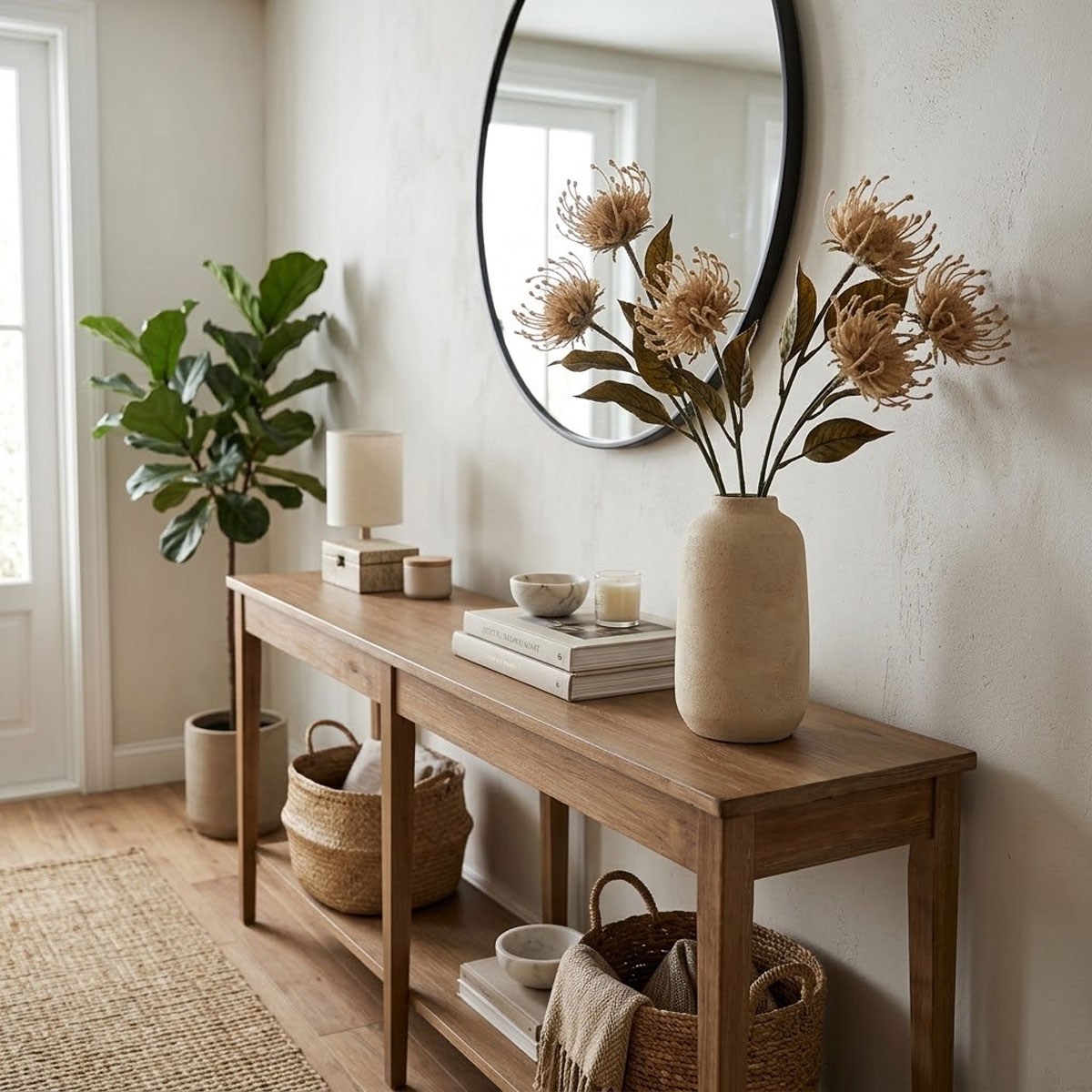 Çamlıca Home yavruağzı yapay iğnedenlik dalları ahşap dresuar üzeri seramik vazoda modern antre ve hol dekorasyonu 68 cm