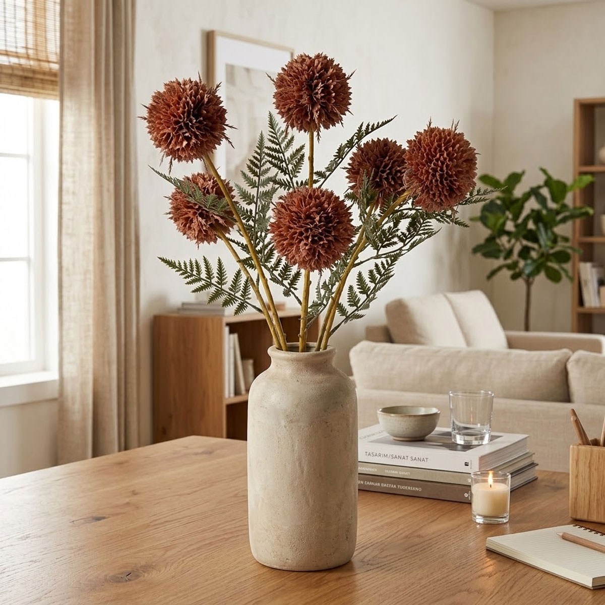 Çamlıca Home somon yapay krizantem top çiçek dalları ahşap masa üzeri seramik vazoda modern salon dekorasyonu 50 cm