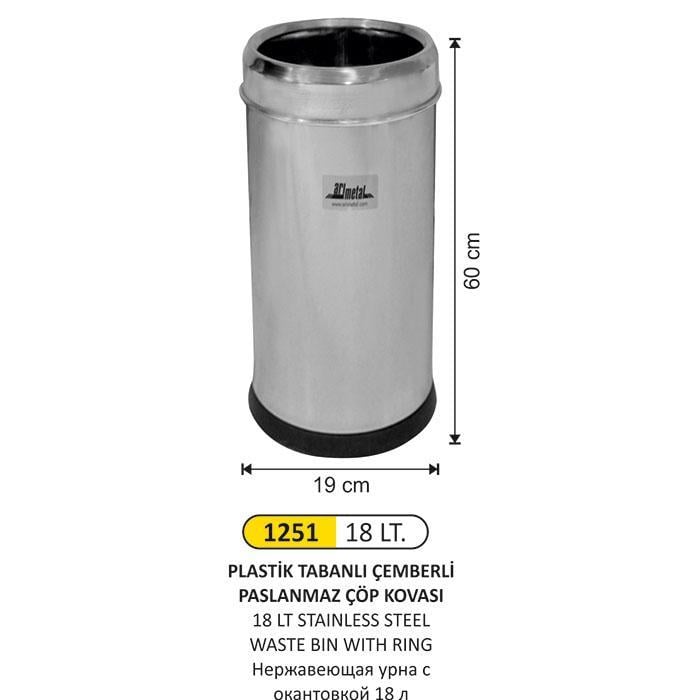 18 LT PLASTİK TABANLI ÇEMBERLİ PASLANMAZ ÇÖP KOVASI