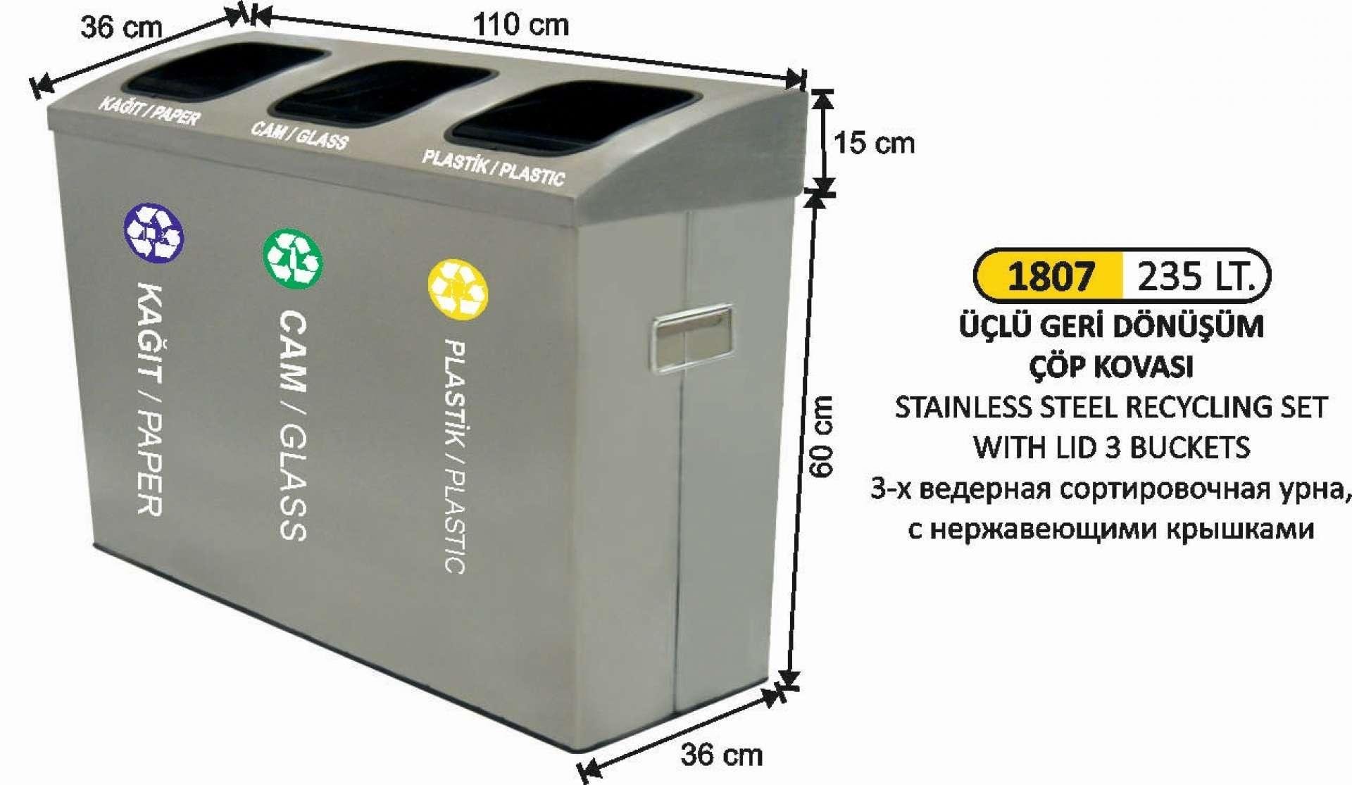 235 LT PASLANMAZ 3 BÖLMELİ GERİ DÖNÜŞÜM SETİ 