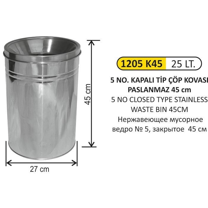 25 LT 5 N0 KAPALI TİP PASLANMAZ ÇÖP KOVASI