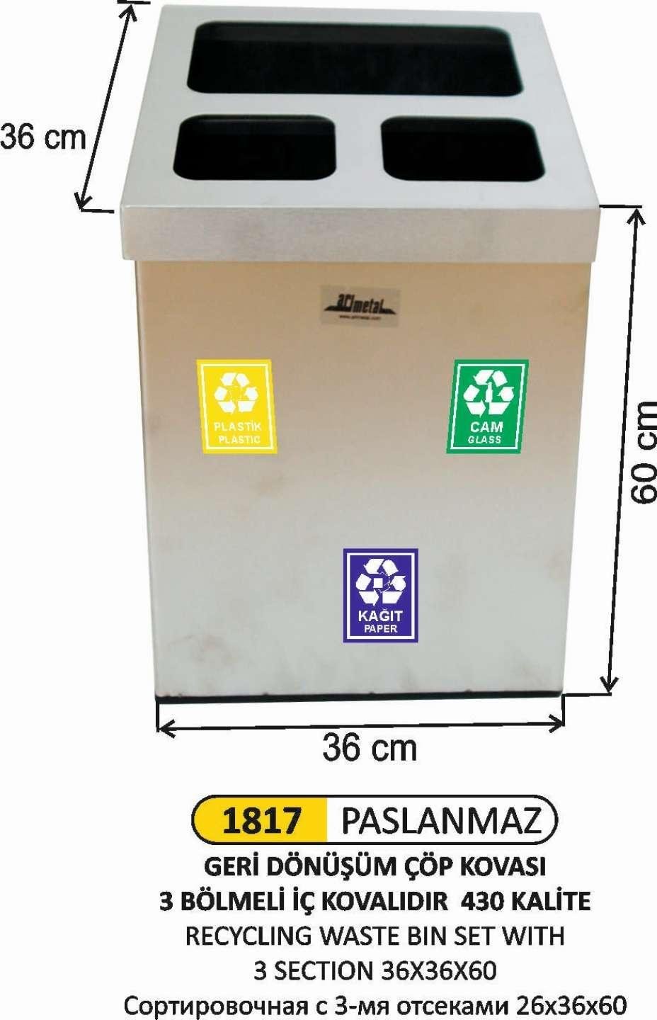 3 BÖLMELİ PASLANMAZ GERİ DÖNÜŞÜM ÇÖP KOVASI 