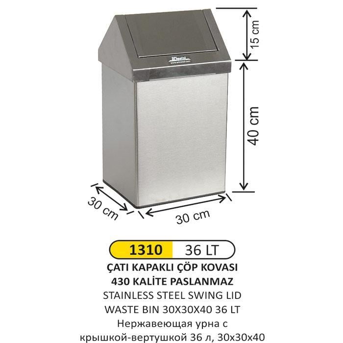 36 LT ÇATI KAPAKLI PASLANMAZ ÇÖP KOVASI