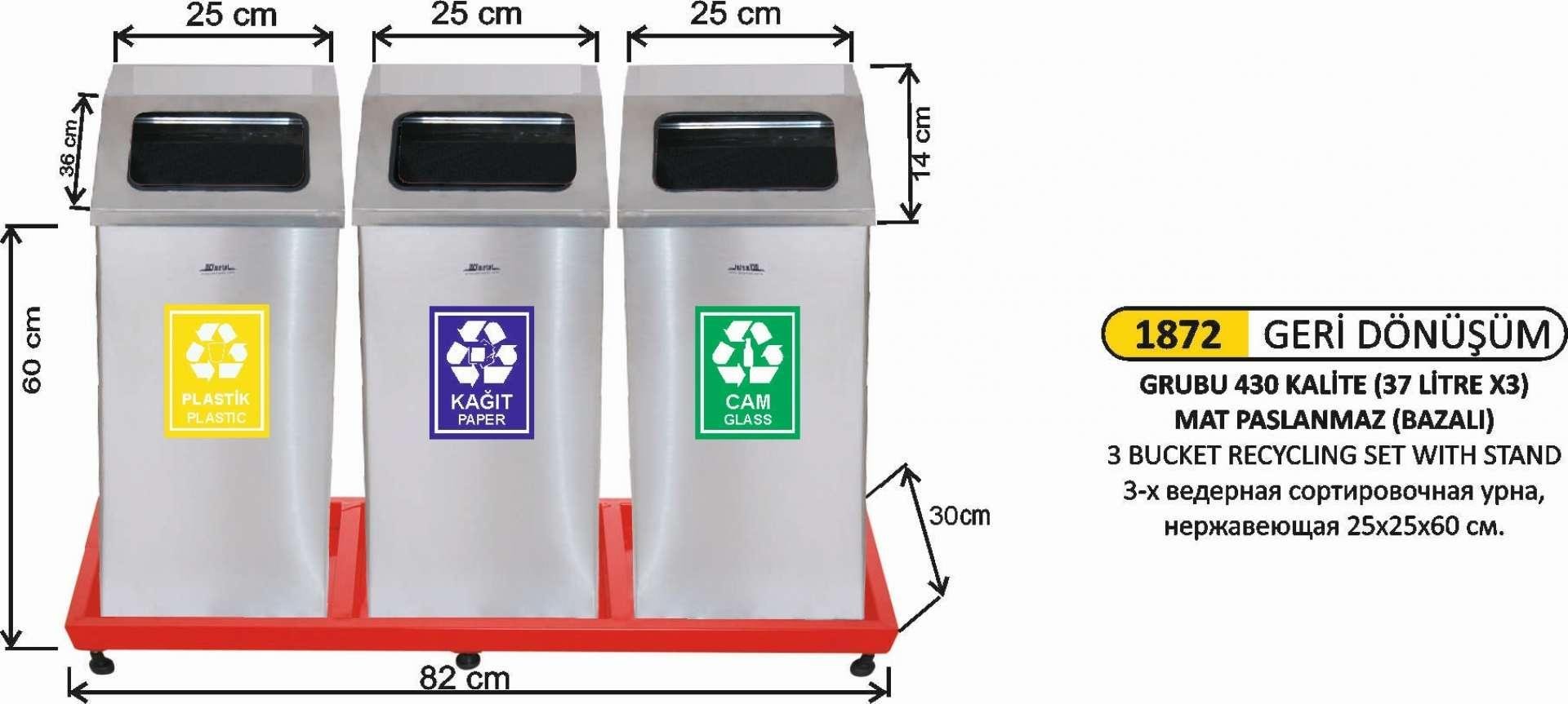 37 LT x 3 BÖLMELİ MAT PASLANMAZ GERİ DÖNÜŞÜM SETİ 