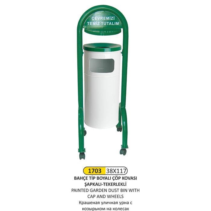 38x117 BAHÇE TİPİ BOYALI ÇÖP KOVASI ŞAPKALI VE TEKERLEKLİ 