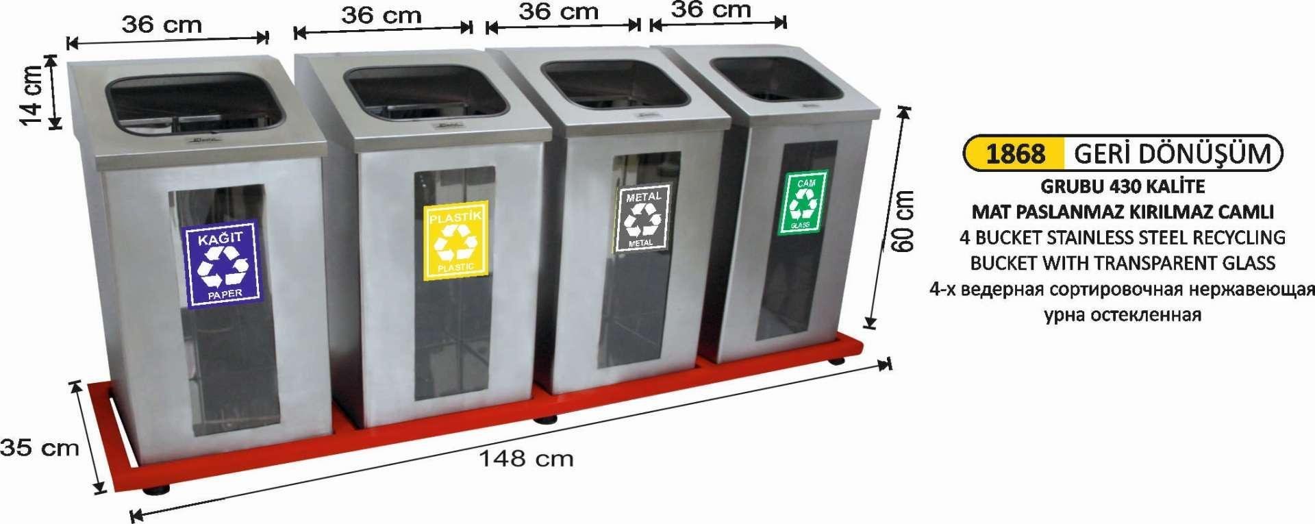4 BÖLMELİ ŞEFFAF CAMLI MAT PASLANMAZ GERİ DÖNÜŞÜM SETİ