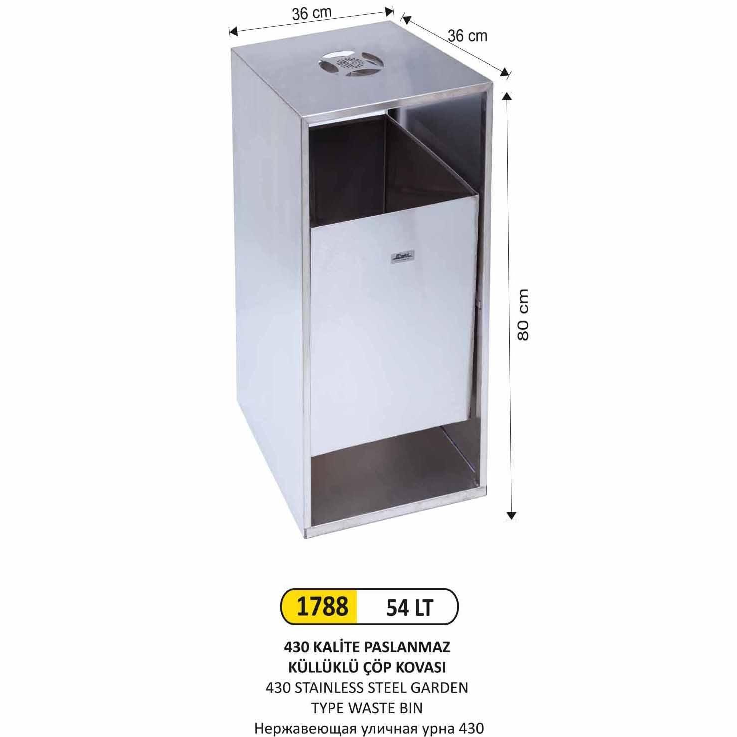 430 KALİTE 54 LT PASLANMAZ KÜLLÜKLÜ ÇÖP KOVASI 