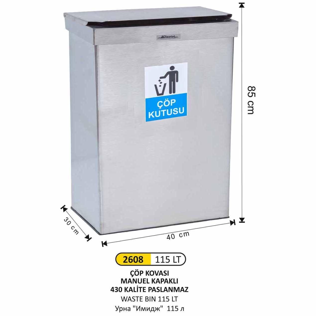 DİKDÖRTGEN ÇÖP KOVASI PASLANMAZ MANUEL KAPAKLI BÜYÜK