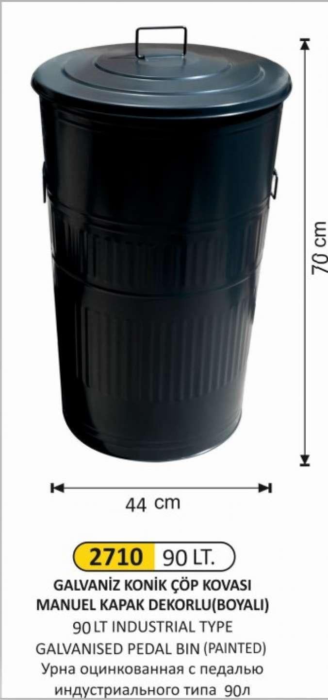 GALVANİZ ÇÖP KOVASI 4 NO 90 LT KONİK MANUEL KAPAKLI BOYALI 44x70 C